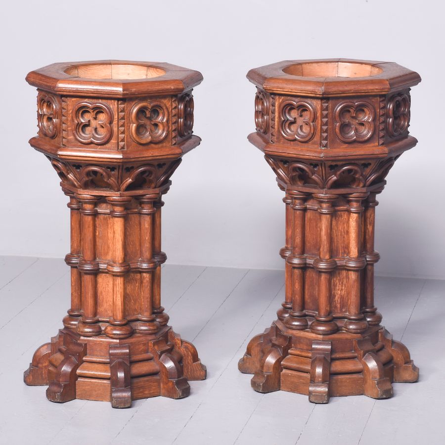 Pair of Oak Gothic Style Carved Pedestals