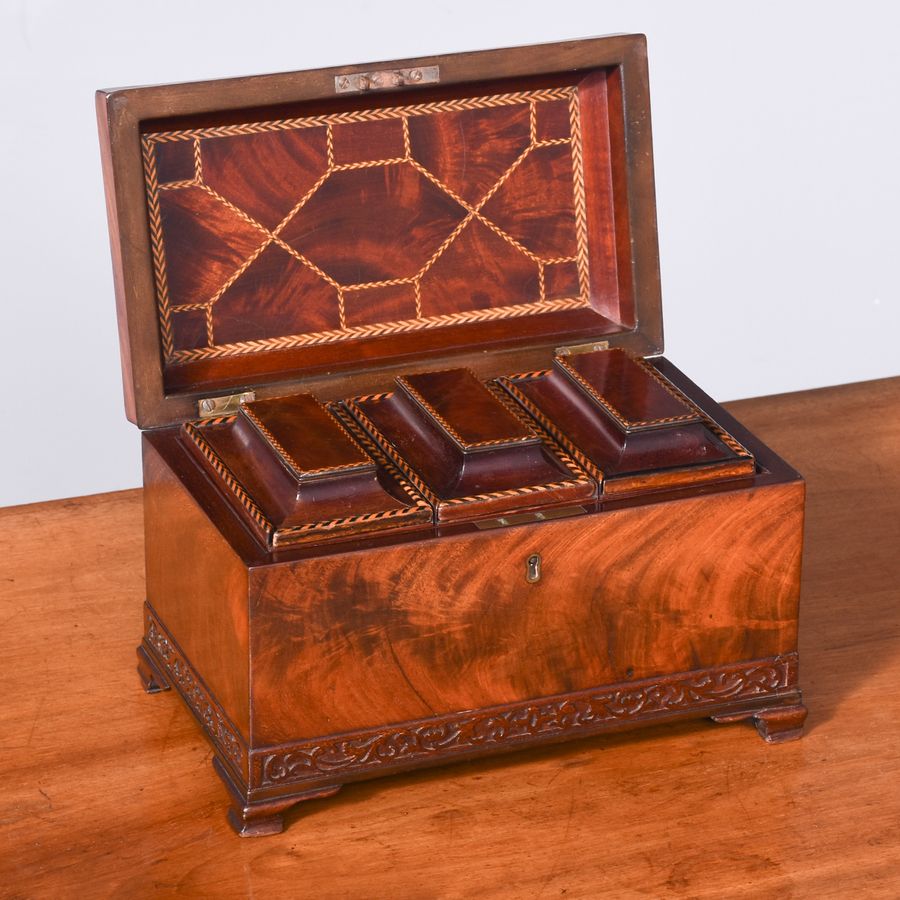 Antique George III Flame Mahogany, Parquetry Inlaid Tea Caddy of Casket Form