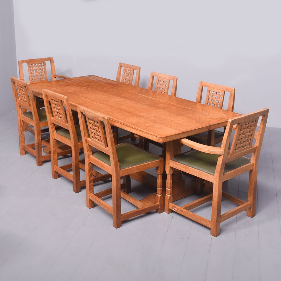 Antique Large Adzed Oak Yorkshire Critter Dining Table And 8 Matching Chairs by Derek “Fishman” Slater 