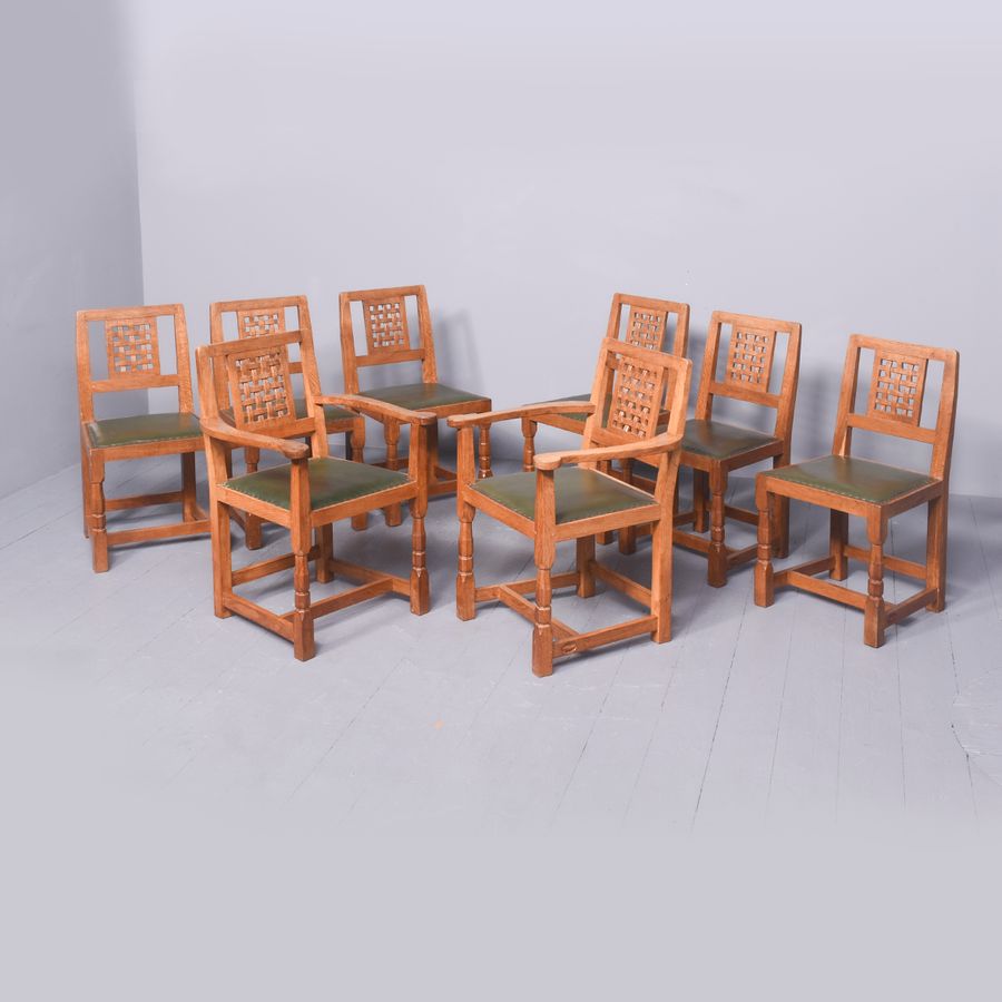 Antique Large Adzed Oak Yorkshire Critter Dining Table And 8 Matching Chairs by Derek “Fishman” Slater 