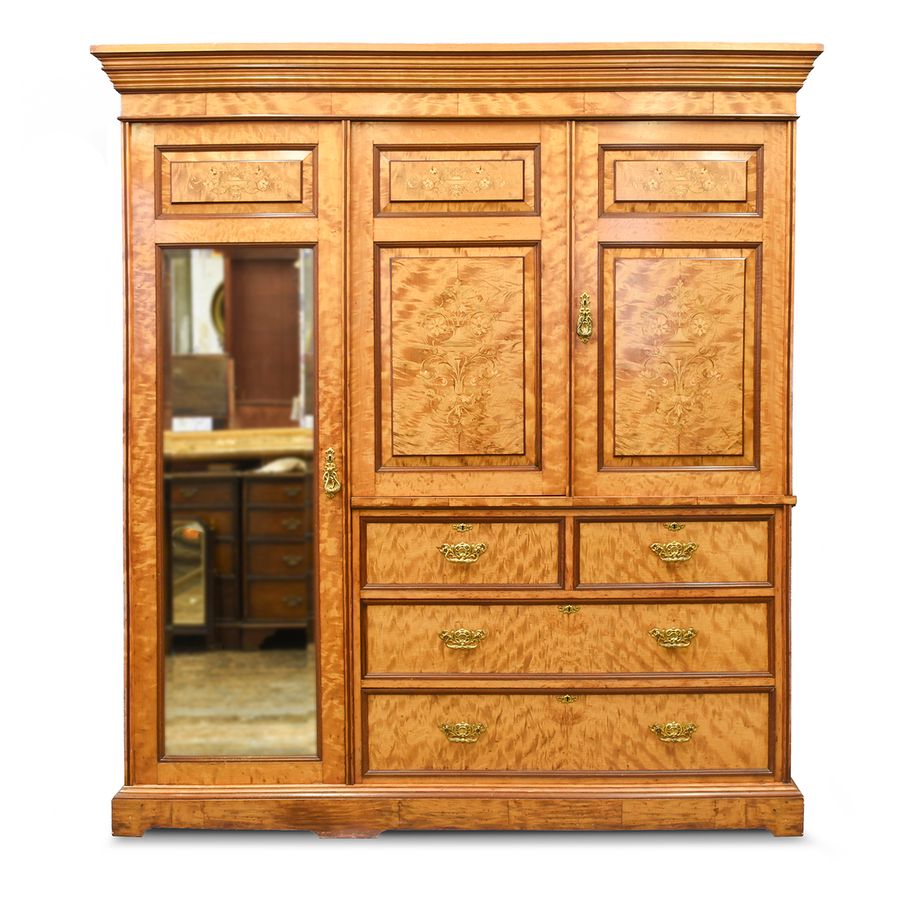 Exhibition Quality Victorian Marquetry Inlaid Satinwood Fitted Wardrobe