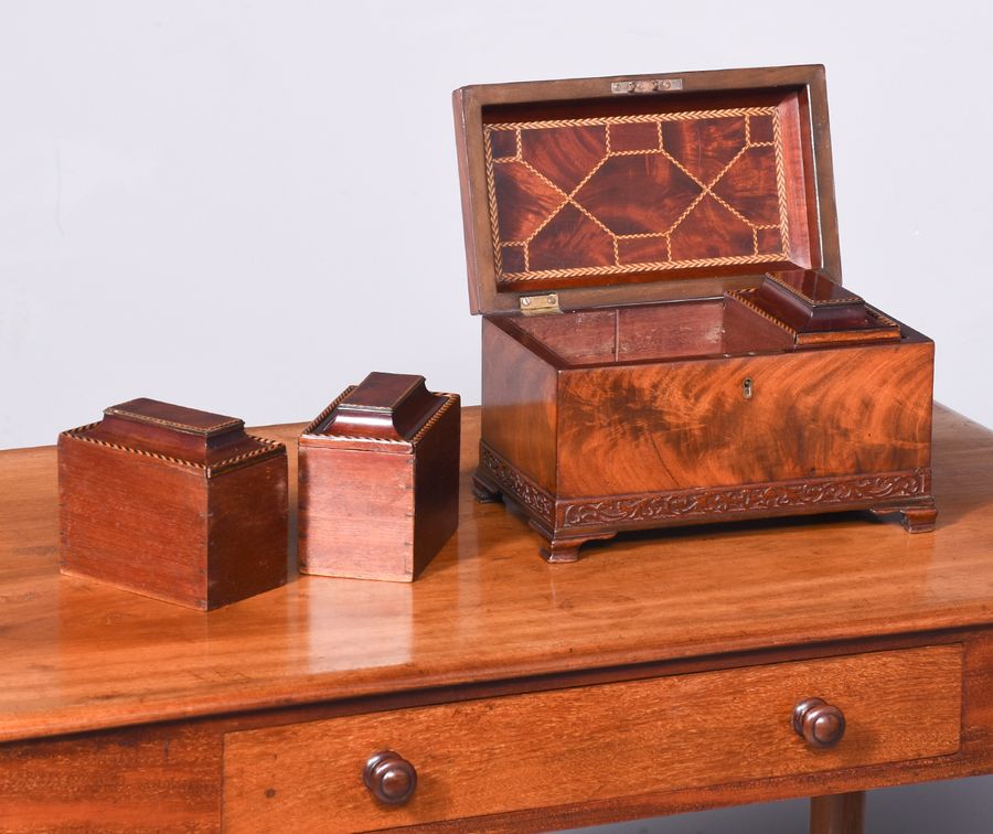 Antique George III Flame Mahogany, Parquetry Inlaid Tea Caddy of Casket Form