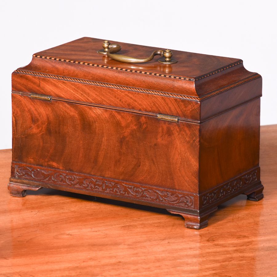 Antique George III Flame Mahogany, Parquetry Inlaid Tea Caddy of Casket Form