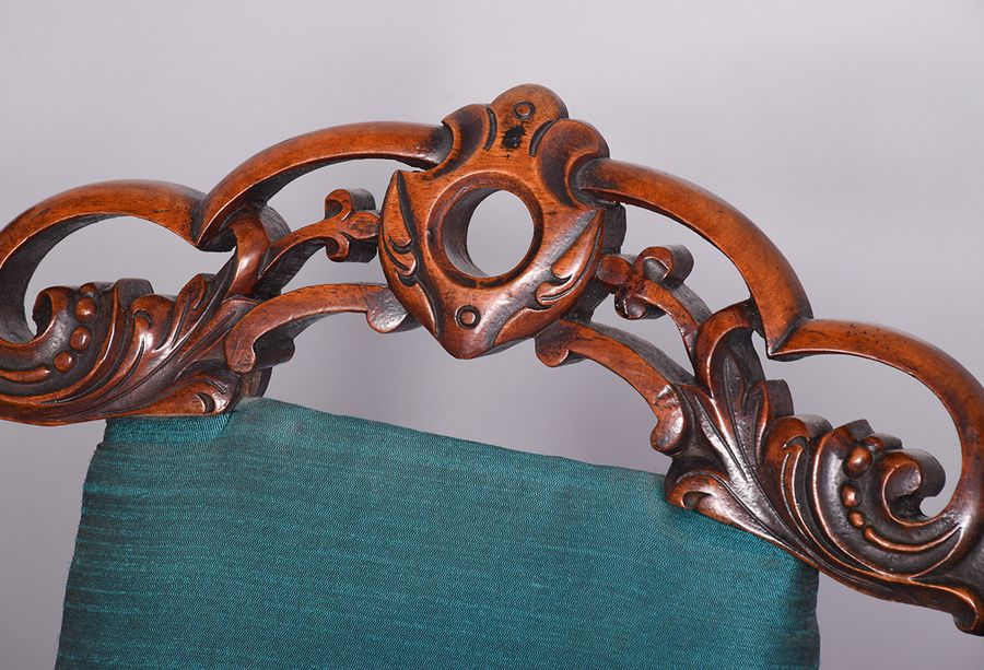 Antique Rare Pair of Folding Victorian Gothic Influenced Carved Walnut Drawing Room Chairs