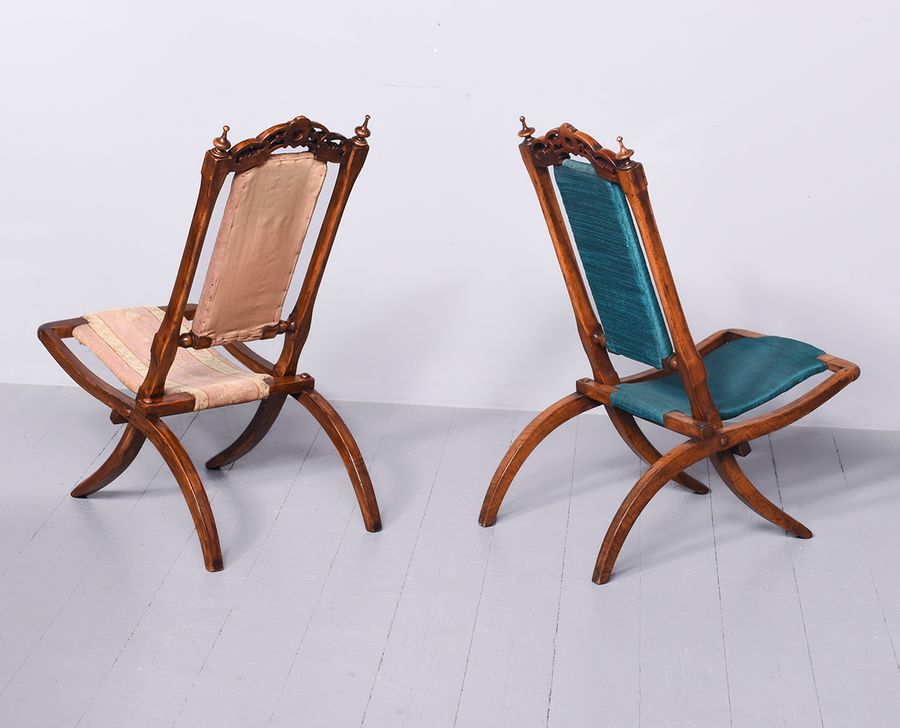 Antique Rare Pair of Folding Victorian Gothic Influenced Carved Walnut Drawing Room Chairs