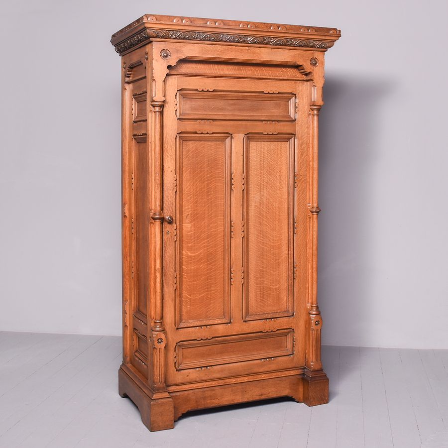 Rare Carved 19th Century Quality Gothic Cupboard in Quarter-Cut Oak