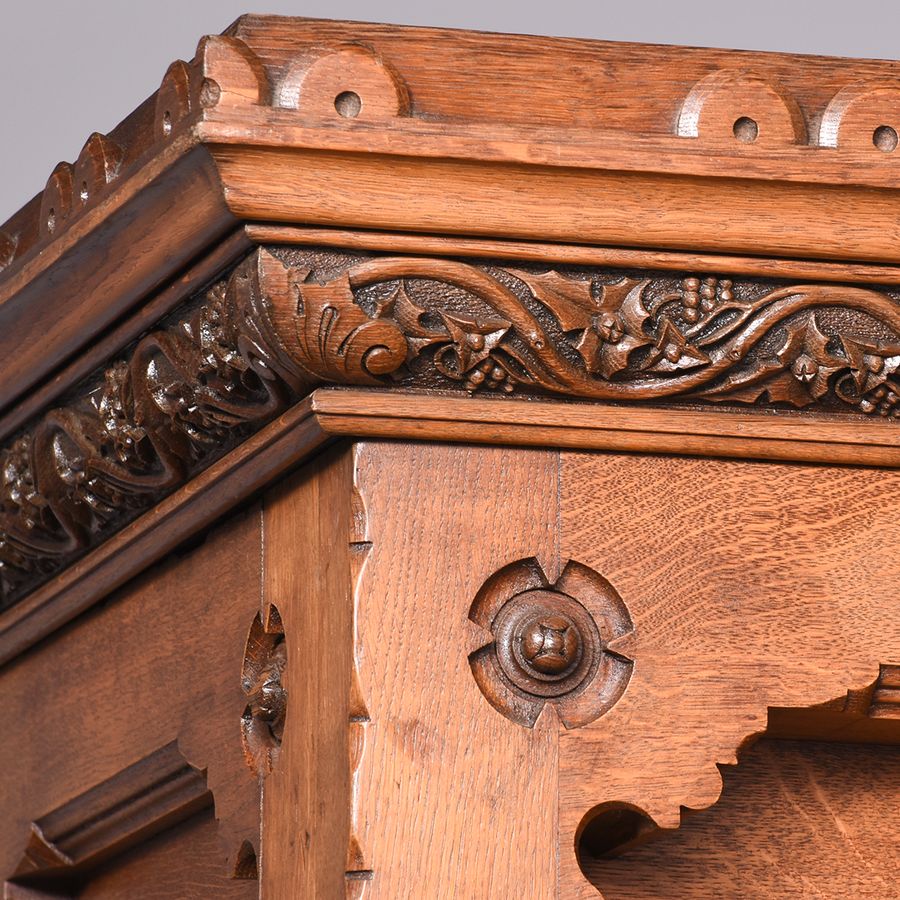 Antique Rare Carved 19th Century Quality Gothic Cupboard in Quarter-Cut Oak