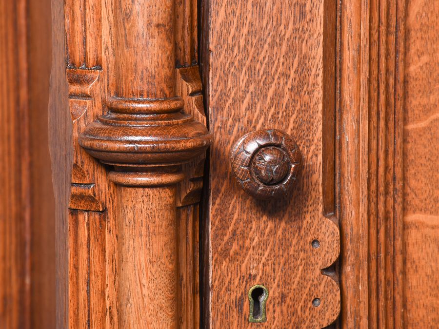 Antique Rare Carved 19th Century Quality Gothic Cupboard in Quarter-Cut Oak