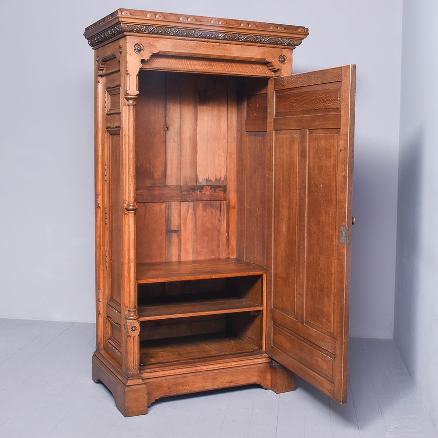 Antique Rare Carved 19th Century Quality Gothic Cupboard in Quarter-Cut Oak