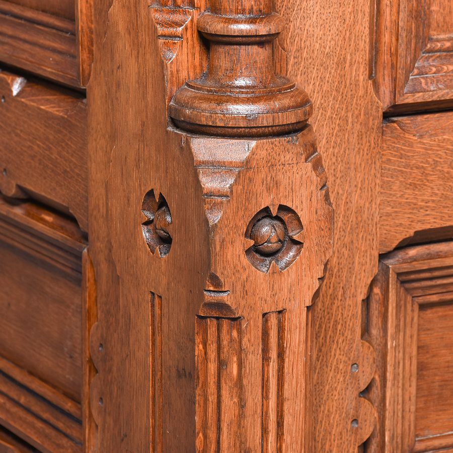 Antique Rare Carved 19th Century Quality Gothic Cupboard in Quarter-Cut Oak