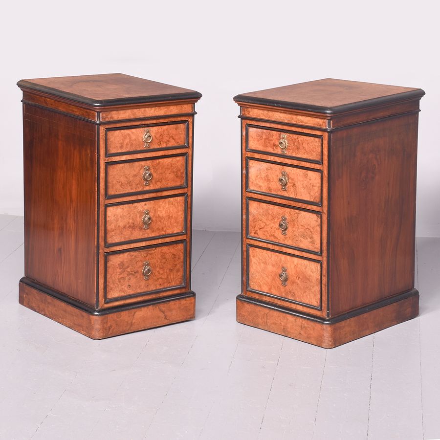 Unusual Pair of Victorian Burr Walnut and Ebonized Neat-Sized Chest of Drawers/Bedside Lockers