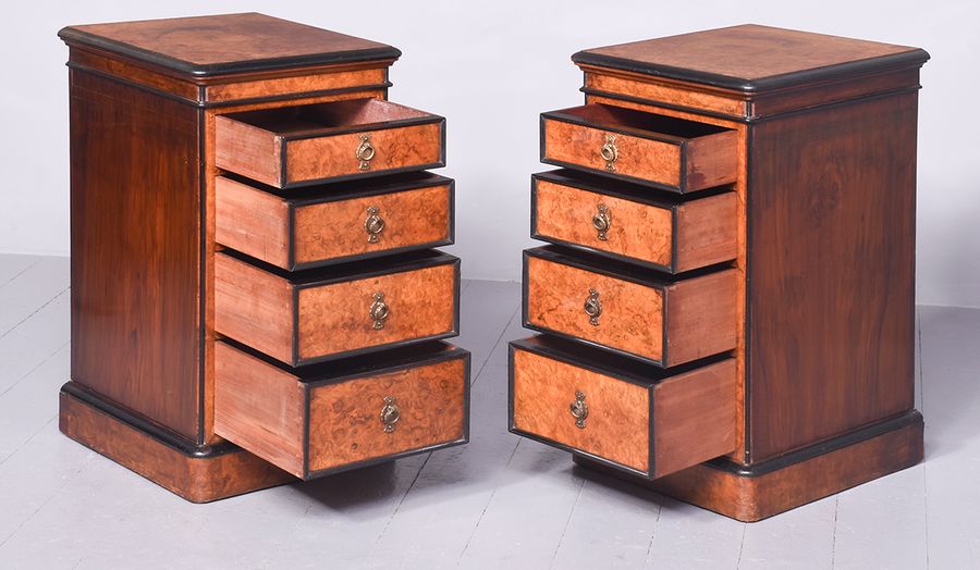 Antique Unusual Pair of Victorian Burr Walnut and Ebonized Neat-Sized Chest of Drawers/Bedside Lockers 