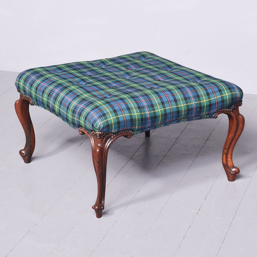 Large Victorian Rosewood Cabriole Leg Centre Stool with Deep Buttoned, Brass Studded Tartan Uphol...