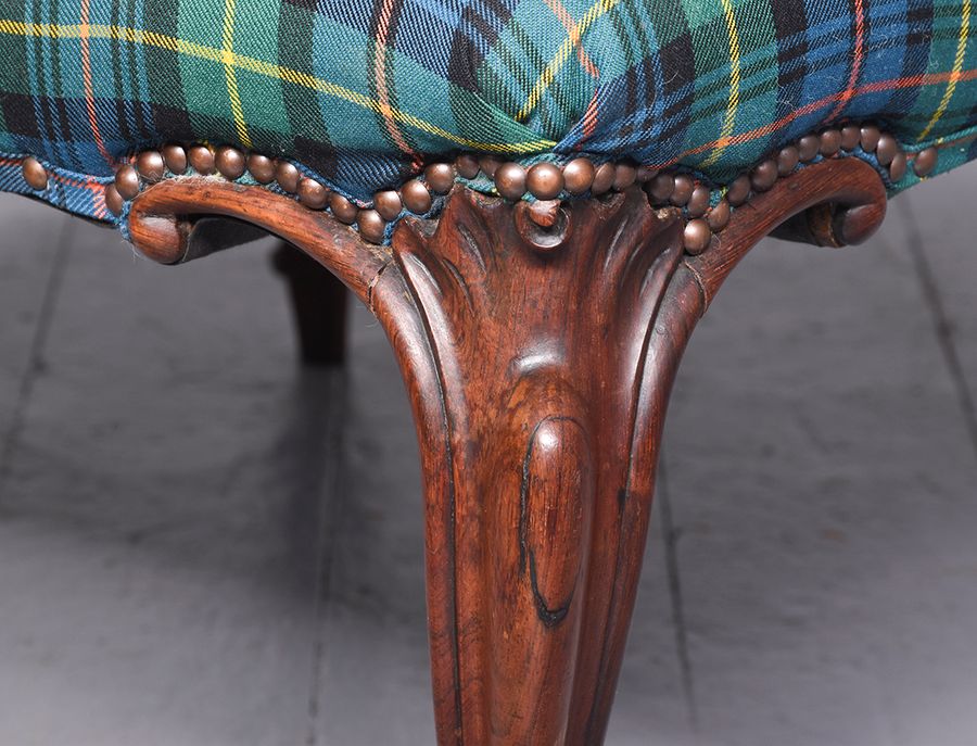 Antique Large Victorian Rosewood Cabriole Leg Centre Stool with Deep Buttoned, Brass Studded Tartan Upholstery