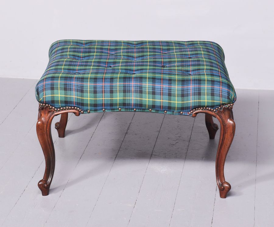 Antique Large Victorian Rosewood Cabriole Leg Centre Stool with Deep Buttoned, Brass Studded Tartan Upholstery