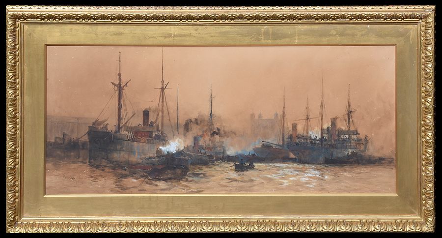 Antique  Large Water Colour Painting by Charles Edward Dickson of Shipping In A River