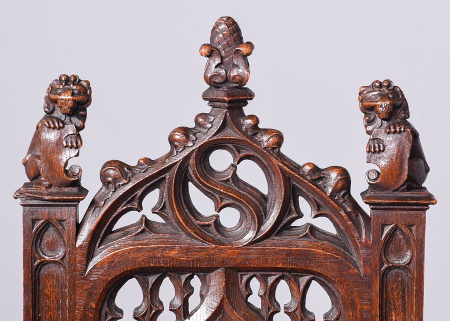 Antique Pair of Gothic Style Carved Oak Chairs