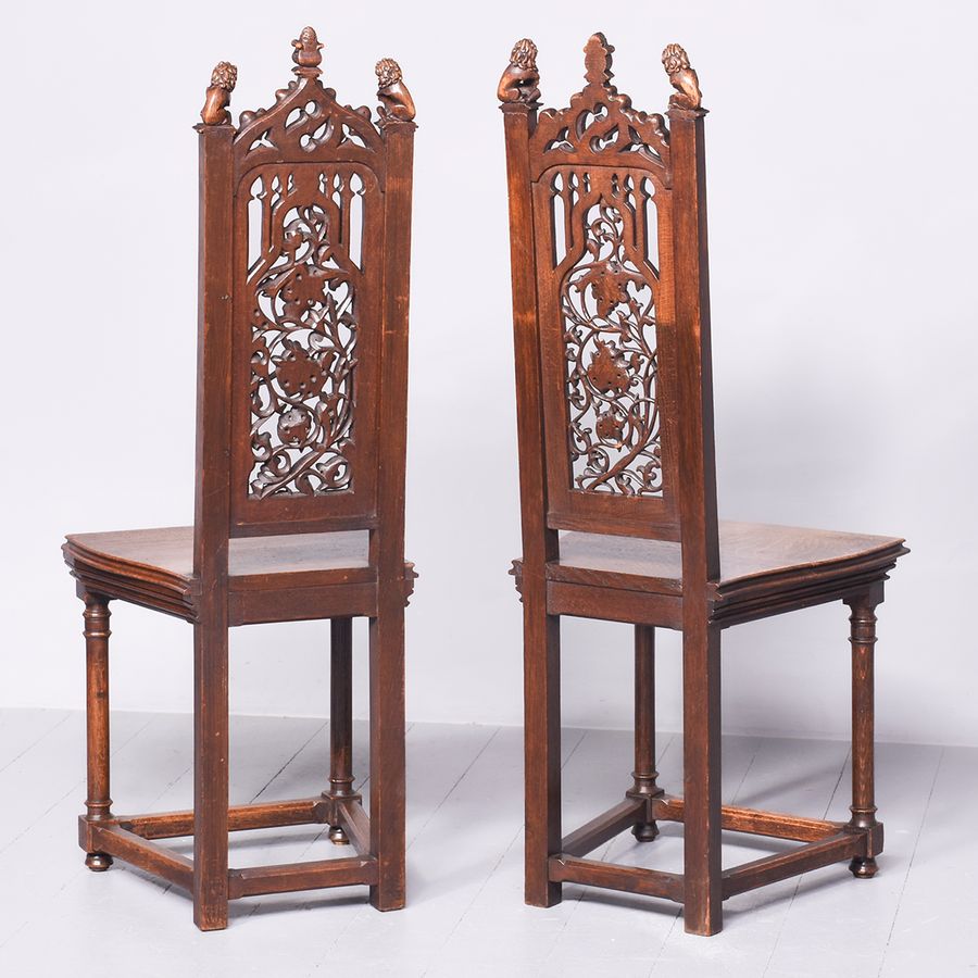 Antique Pair of Gothic Style Carved Oak Chairs