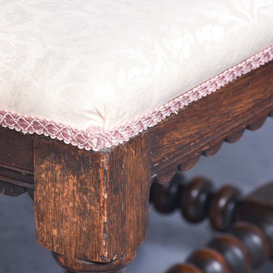 Antique Jacobean-Style Upholstered, Oak Turned-Leg Stool