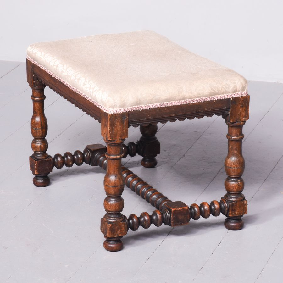 Antique Jacobean-Style Upholstered, Oak Turned-Leg Stool