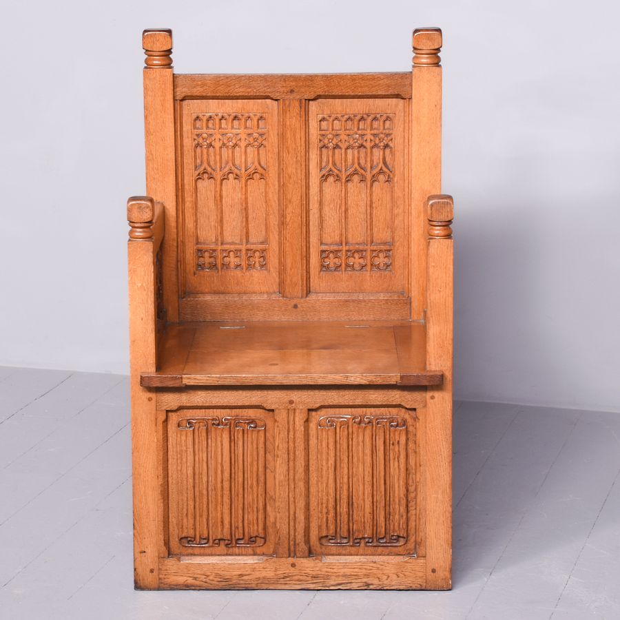 Antique Oak Gothic Revival Hall Seat