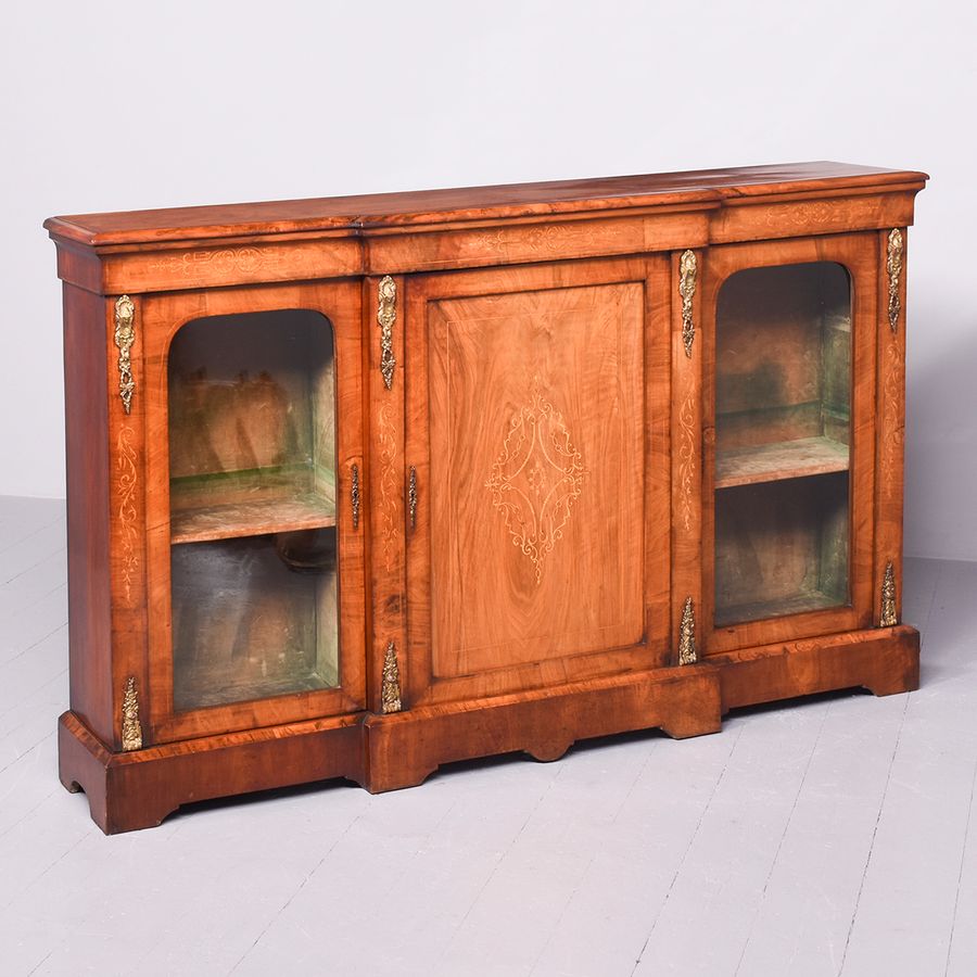 Mid-Victorian Marquetry Inlaid Three Door Break-Front Credenza