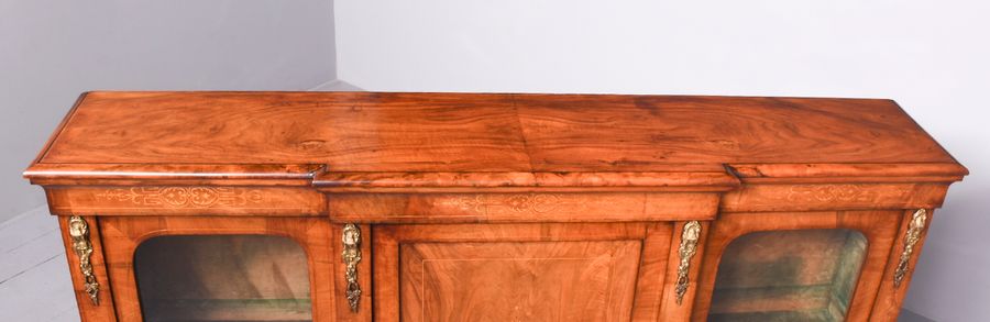 Antique Mid-Victorian Marquetry Inlaid Three Door Break-Front Credenza