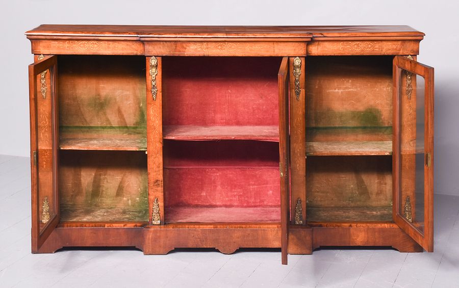 Antique Mid-Victorian Marquetry Inlaid Three Door Break-Front Credenza