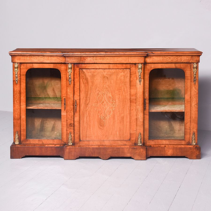 Antique Mid-Victorian Marquetry Inlaid Three Door Break-Front Credenza