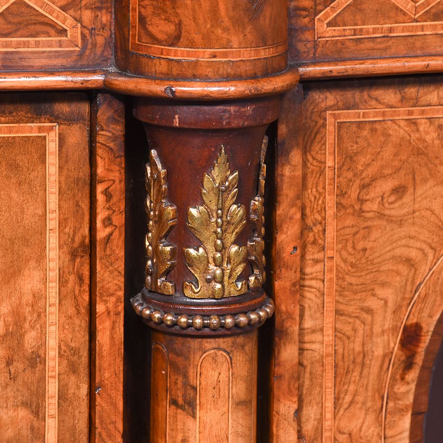 Antique Quality Inlaid Burr Walnut Victorian Bow-End Credenza