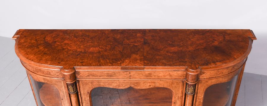 Antique Quality Inlaid Burr Walnut Victorian Bow-End Credenza