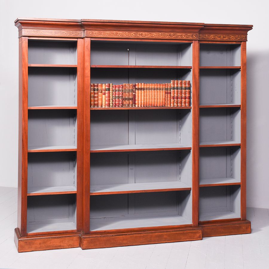 Antique 19th Century Sheraton-Style Inlaid Mahogany Breakfront Bookcase