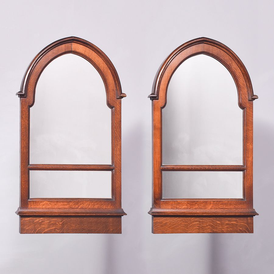 Pair of Oak Framed Gothic Style Wall Mirrors