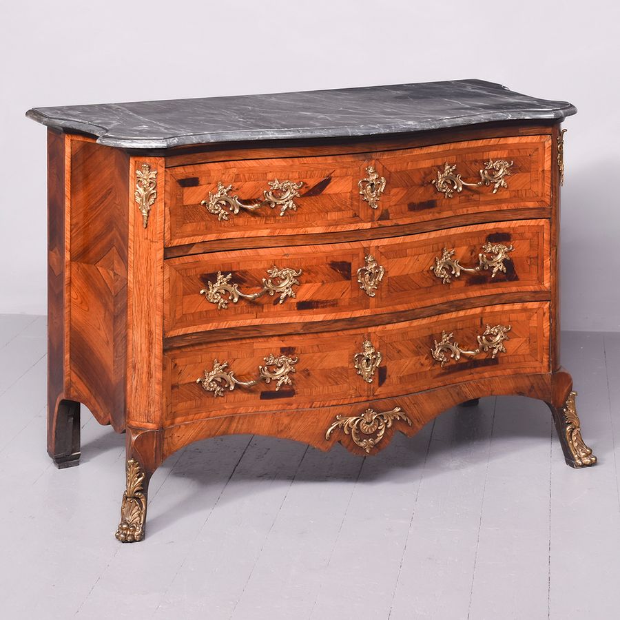 Exceptional French Marble-Top Serpentine-Front Inlaid Rosewood Commode