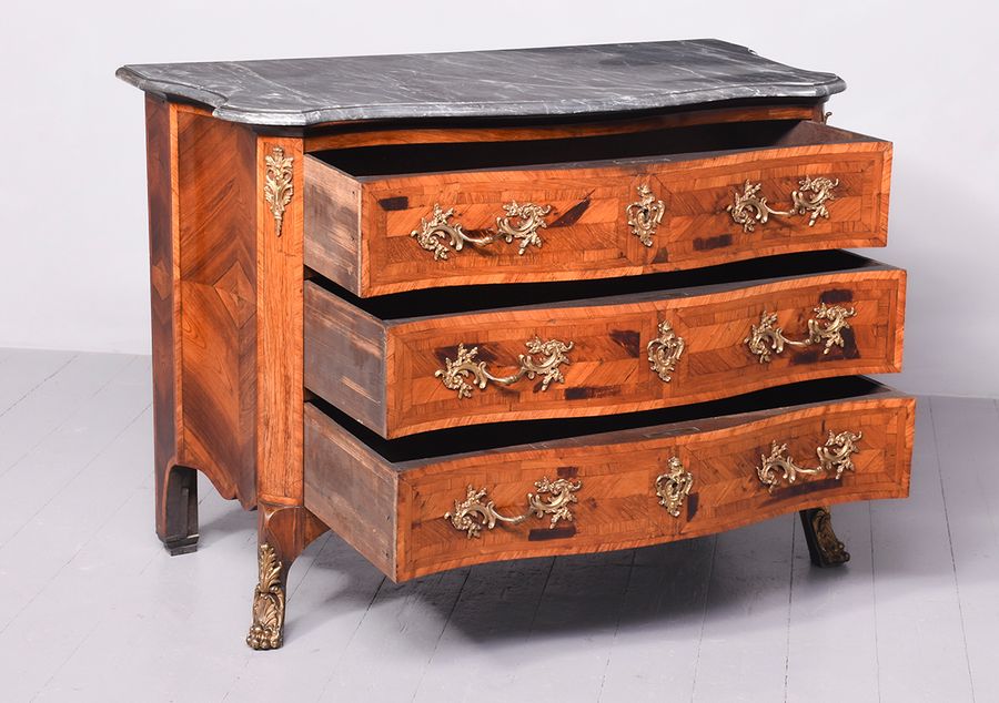 Antique Exceptional French Marble-Top Serpentine-Front Inlaid Rosewood Commode