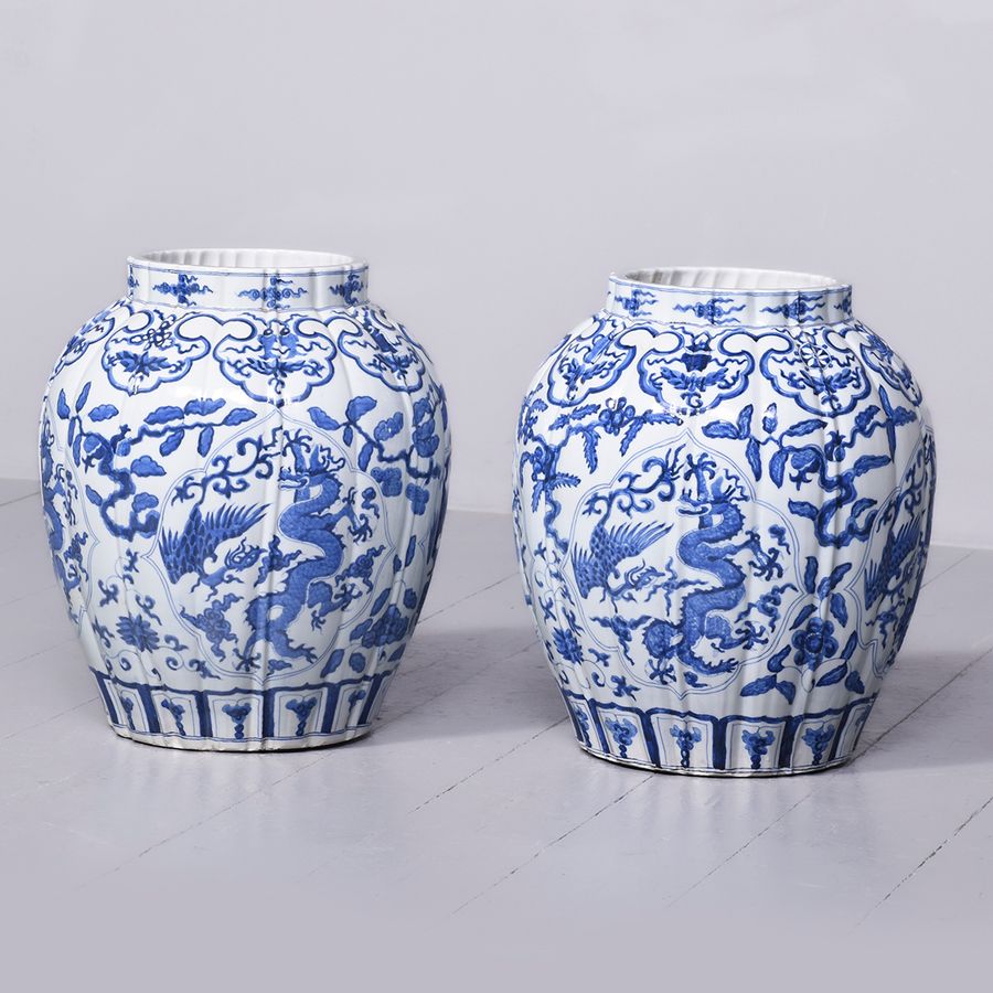 Large Pair of Blue and White Chinese Vases