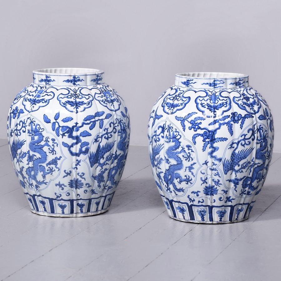 Antique Large Pair of Blue and White Chinese Vases