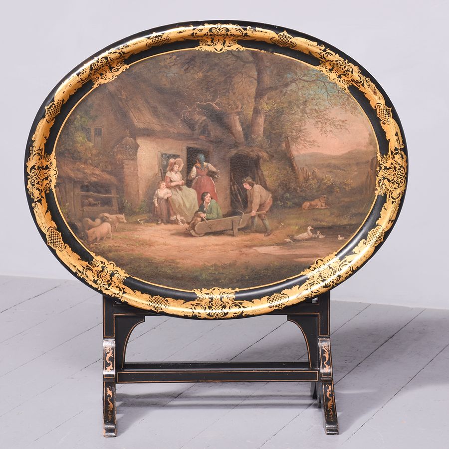 Victorian Oval Hand-Painted Paper Mâché Tray with an Ebonized and Gold Leaf Border