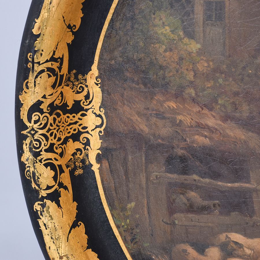 Antique Victorian Oval Hand-Painted Paper Mâché Tray with an Ebonized and Gold Leaf Border