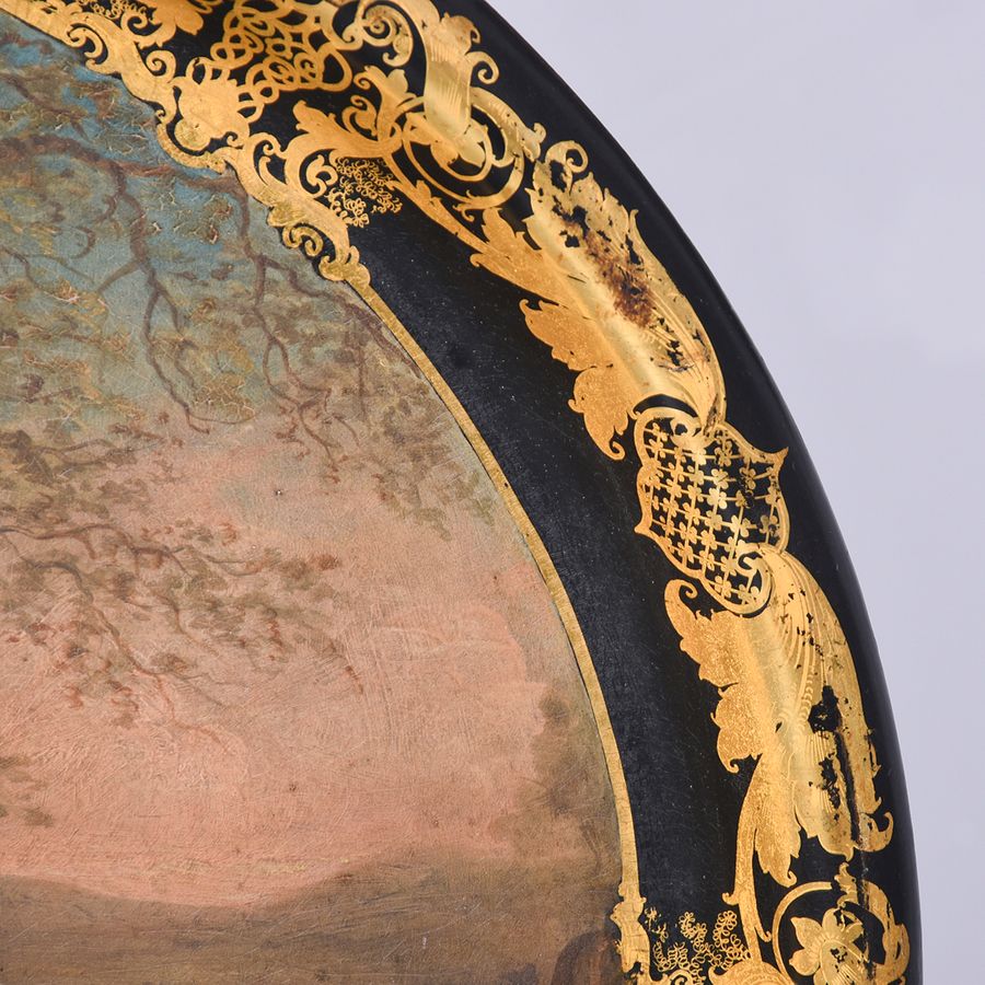 Antique Victorian Oval Hand-Painted Paper Mâché Tray with an Ebonized and Gold Leaf Border