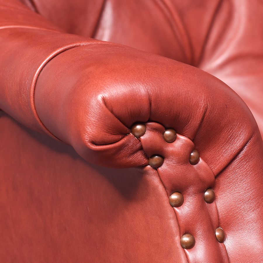 Antique George III Style Button-Back Pale Burgundy Leather Upholstered Wing Chair