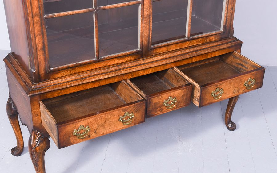 Antique Magnificent George II Style Burr Walnut Bookcase/Glazed Cabinet