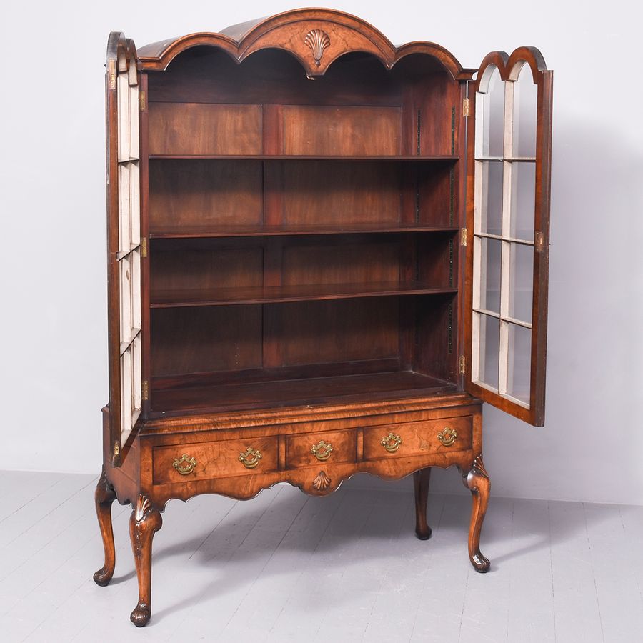 Antique Magnificent George II Style Burr Walnut Bookcase/Glazed Cabinet