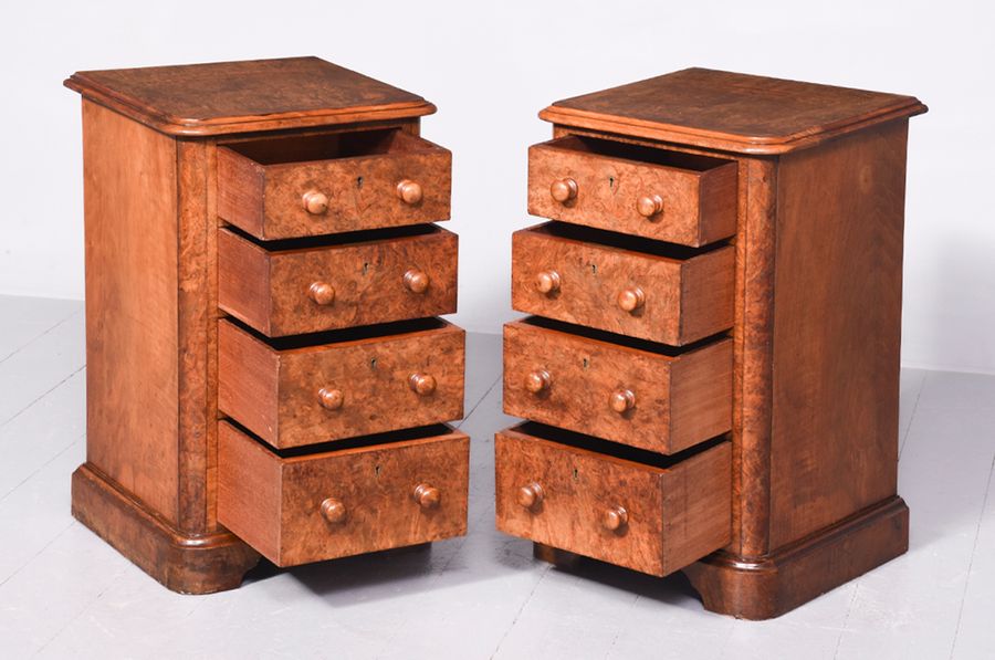 Antique Pair of Mid-Victorian Burr-Walnut Small Chest/Bedside Lockers