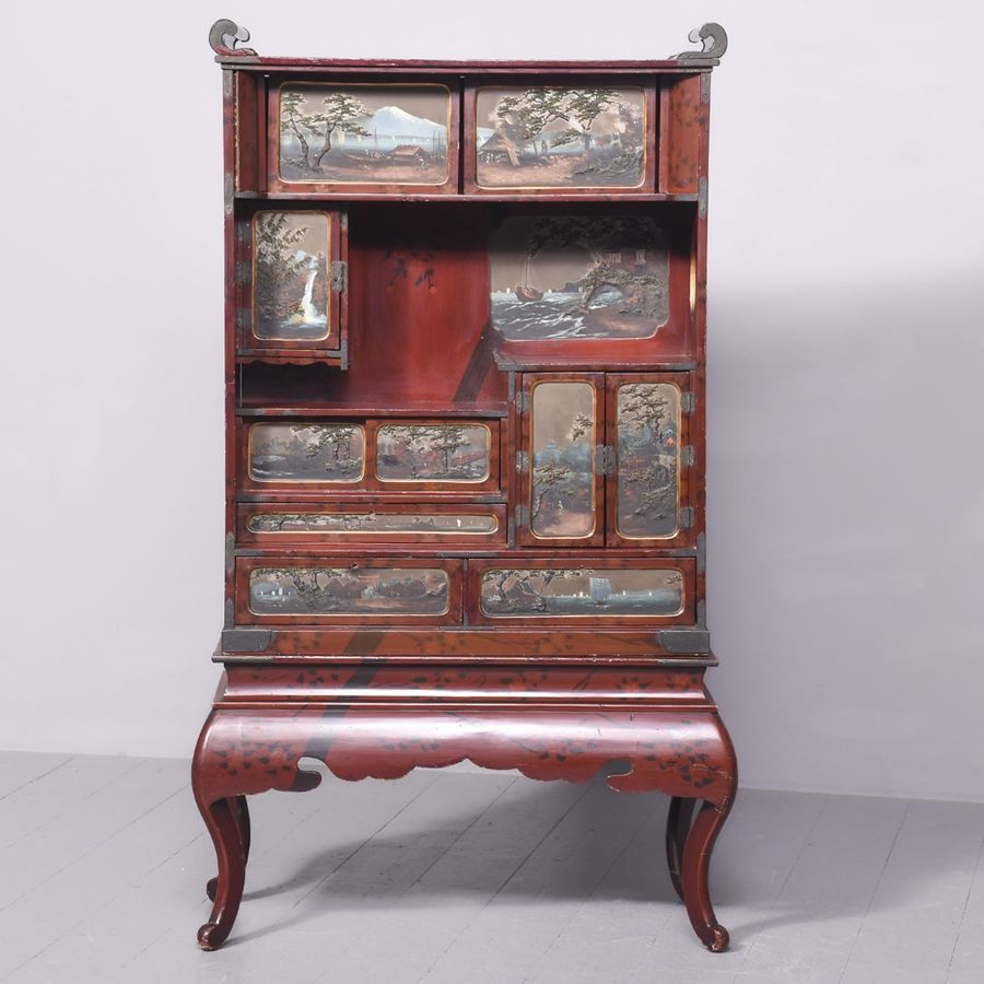 A Meiji Period Painted Shodana Cabinet on Stand