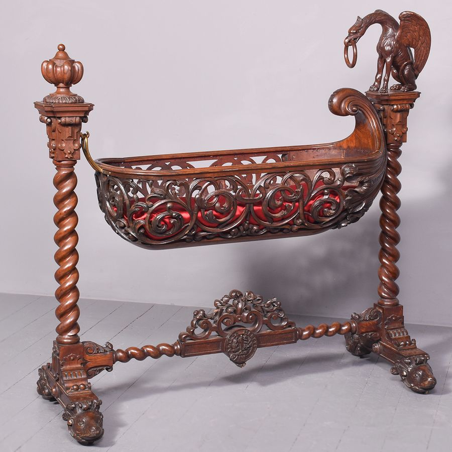 Carved Oak Swinging Crib on Stand