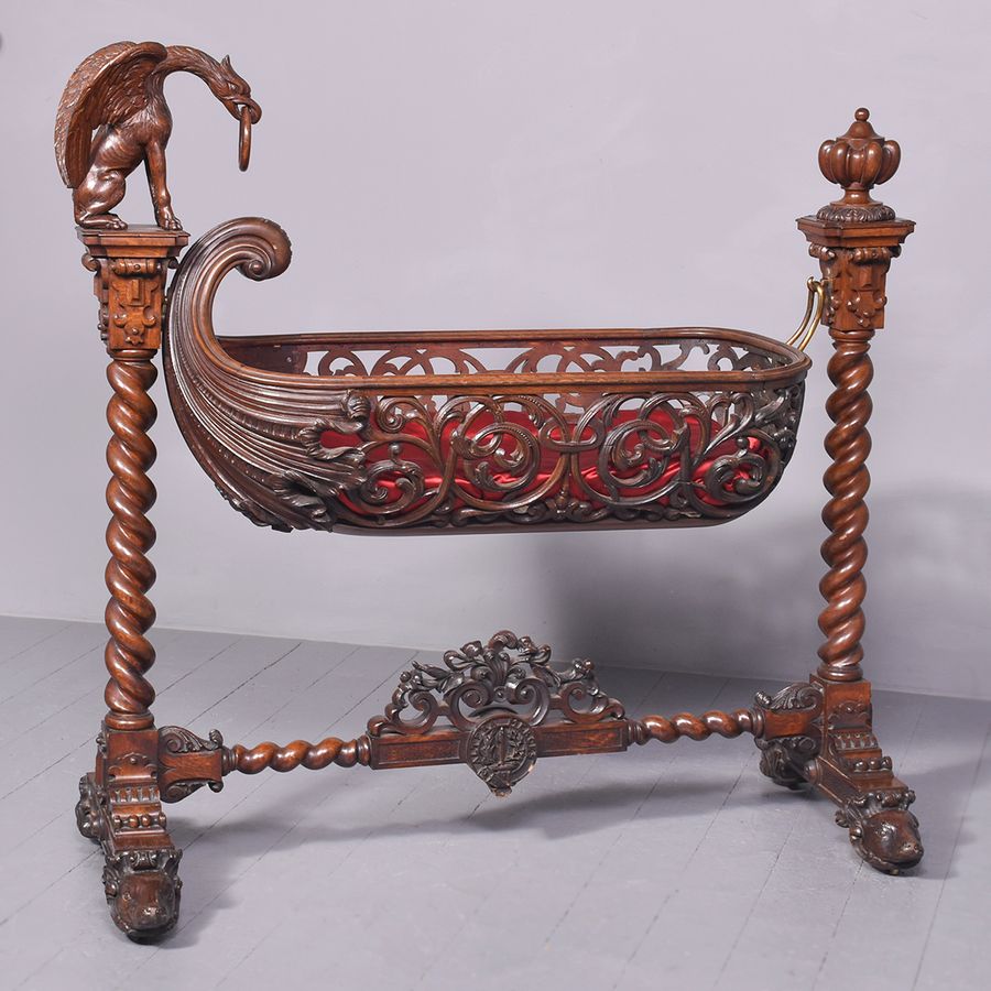 Antique Carved Oak Swinging Crib on Stand