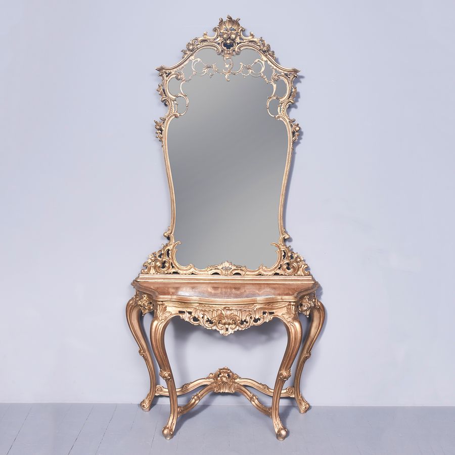 Victorian Rococo Hand-Carved Giltwood Console Table with Mirror