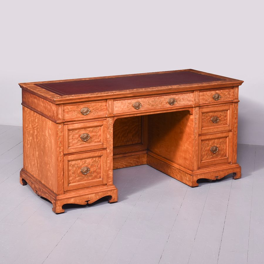 Magnificent Large Inlaid Satinwood Victorian Desk With Burgundy Leather Top