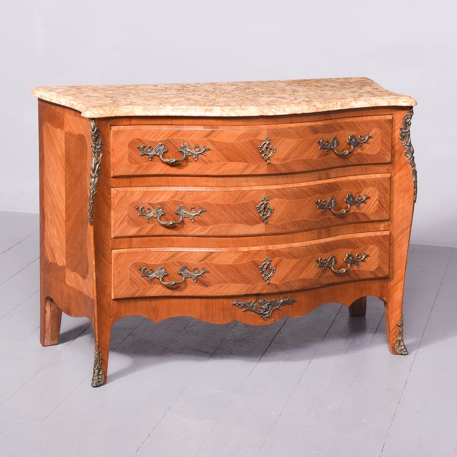 Circa 1920 French Serpentine-Front Marble-Top Kingwood and Walnut Commode